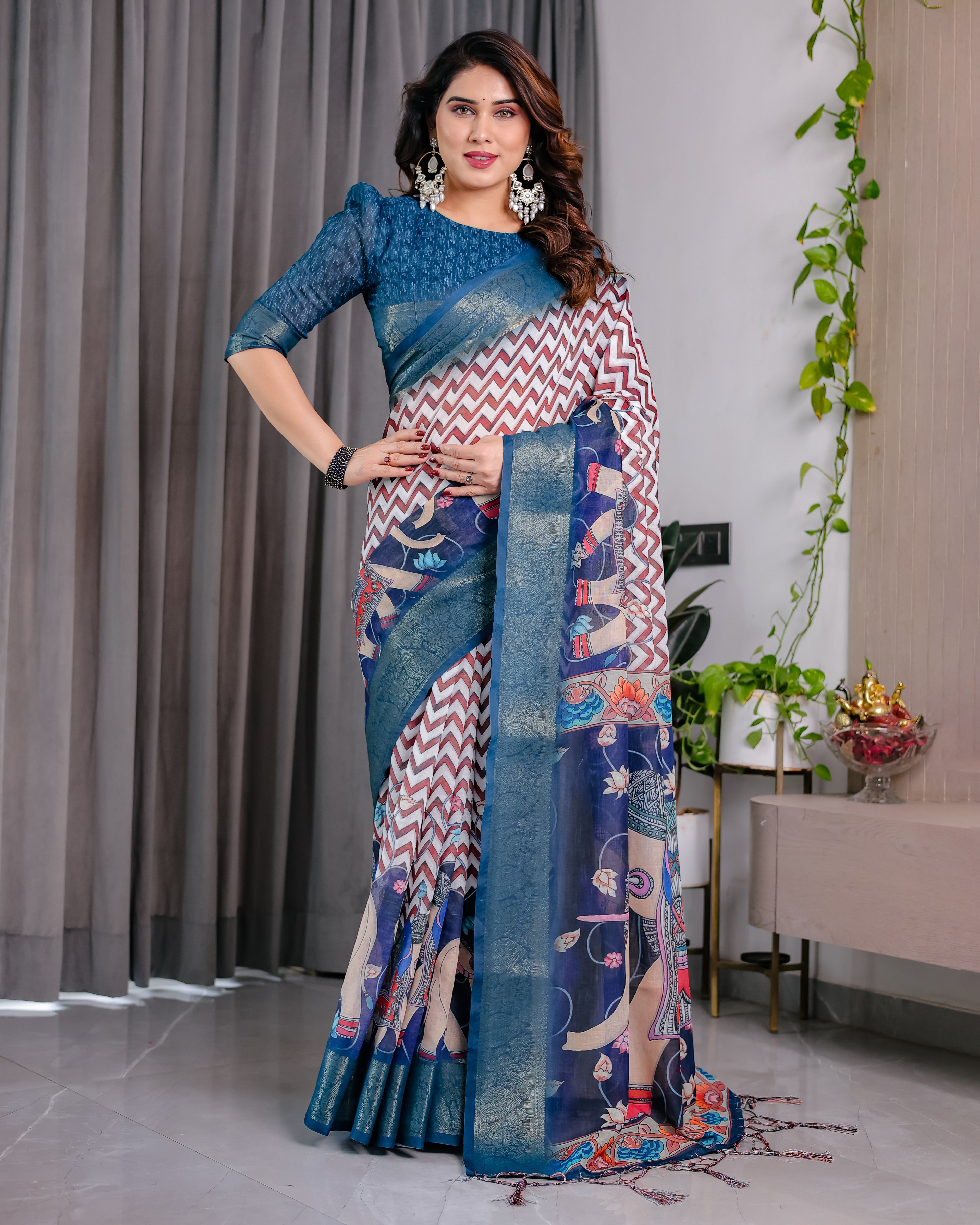 Fabrica Vibe Navy Blue Heritage Printed Linen Blend Saree with Chevron Pattern & Artistic Pallu