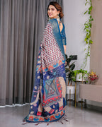 Fabrica Vibe Navy Blue Heritage Printed Linen Blend Saree with Chevron Pattern & Artistic Pallu
