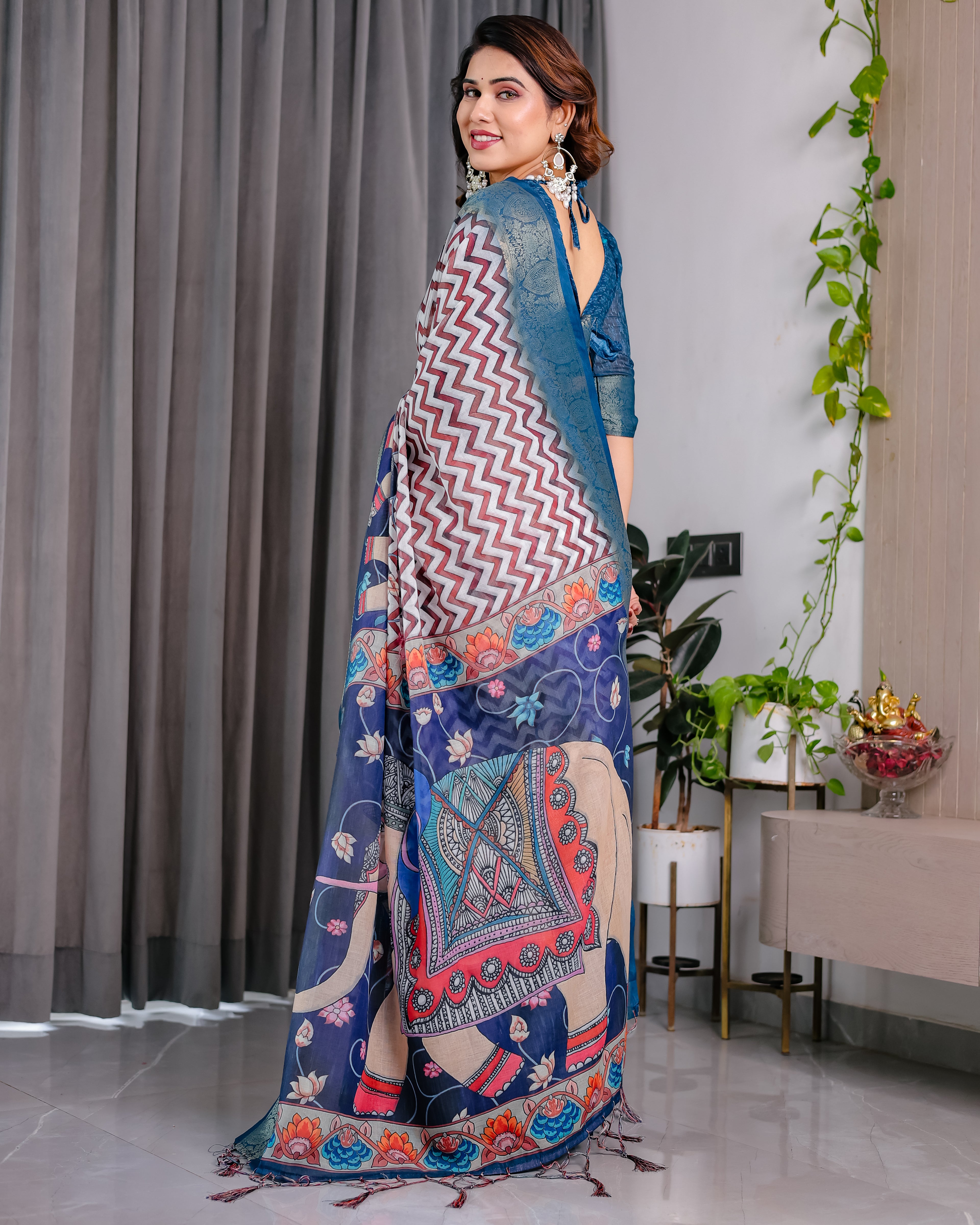 Fabrica Vibe Navy Blue Heritage Printed Linen Blend Saree with Chevron Pattern & Artistic Pallu