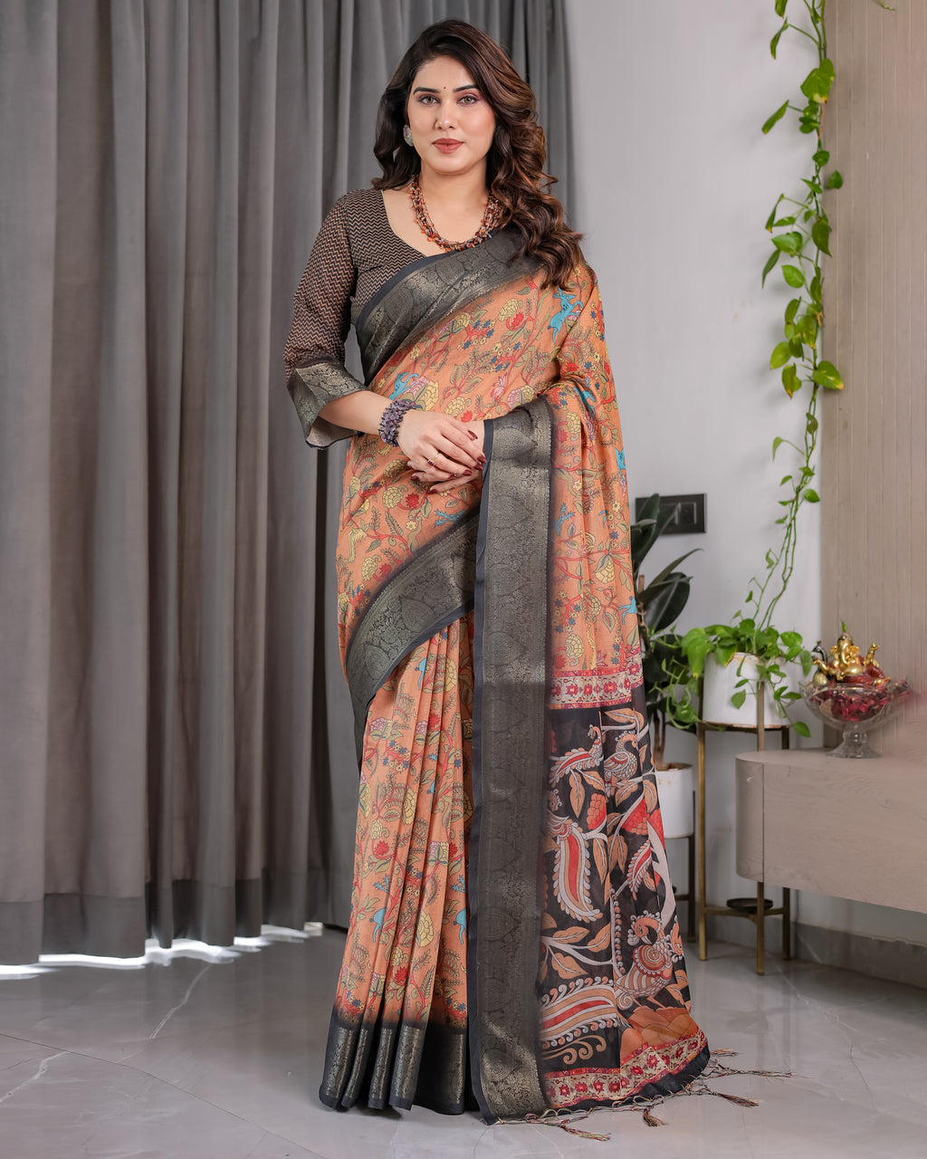 Fabrica Vibe Peach Floral Heritage Printed Linen Blend Saree with Charcoal Black Woven Border