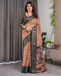 Fabrica Vibe Peach Floral Heritage Printed Linen Blend Saree with Charcoal Black Woven Border