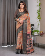 Fabrica Vibe Peach Floral Heritage Printed Linen Blend Saree with Charcoal Black Woven Border