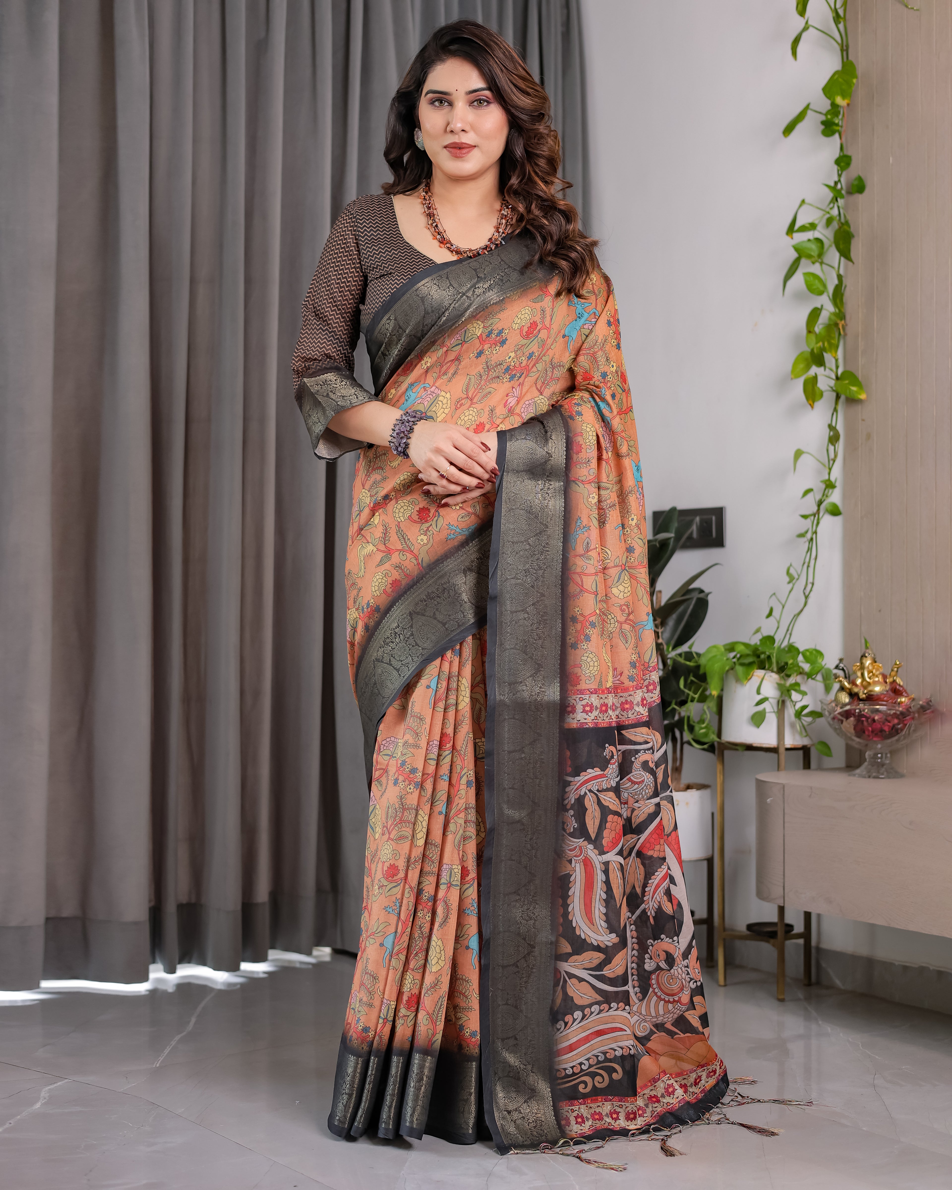 Fabrica Vibe Peach Floral Heritage Printed Linen Blend Saree with Charcoal Black Woven Border