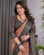 Fabrica Vibe Peach Floral Heritage Printed Linen Blend Saree with Charcoal Black Woven Border