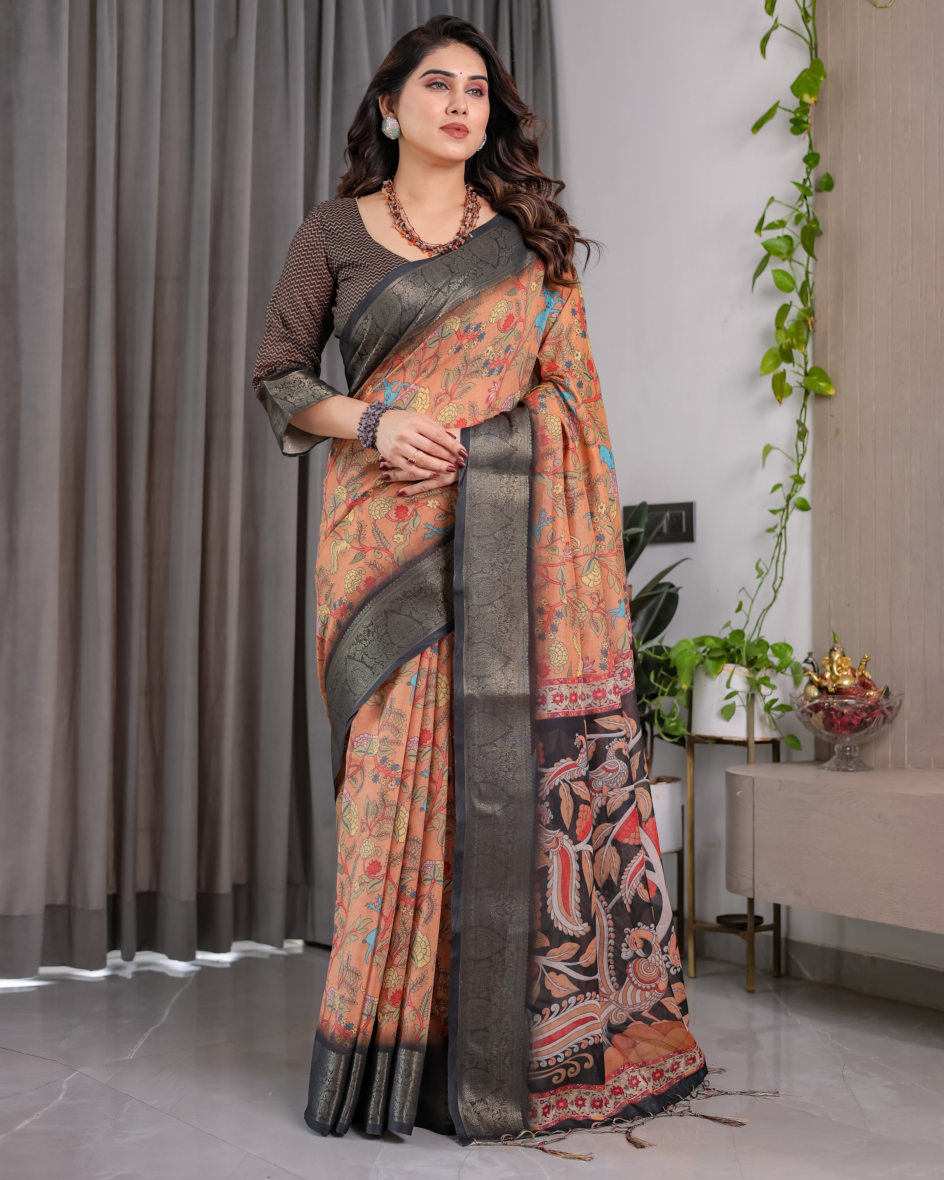 Fabrica Vibe Peach Floral Heritage Printed Linen Blend Saree with Charcoal Black Woven Border