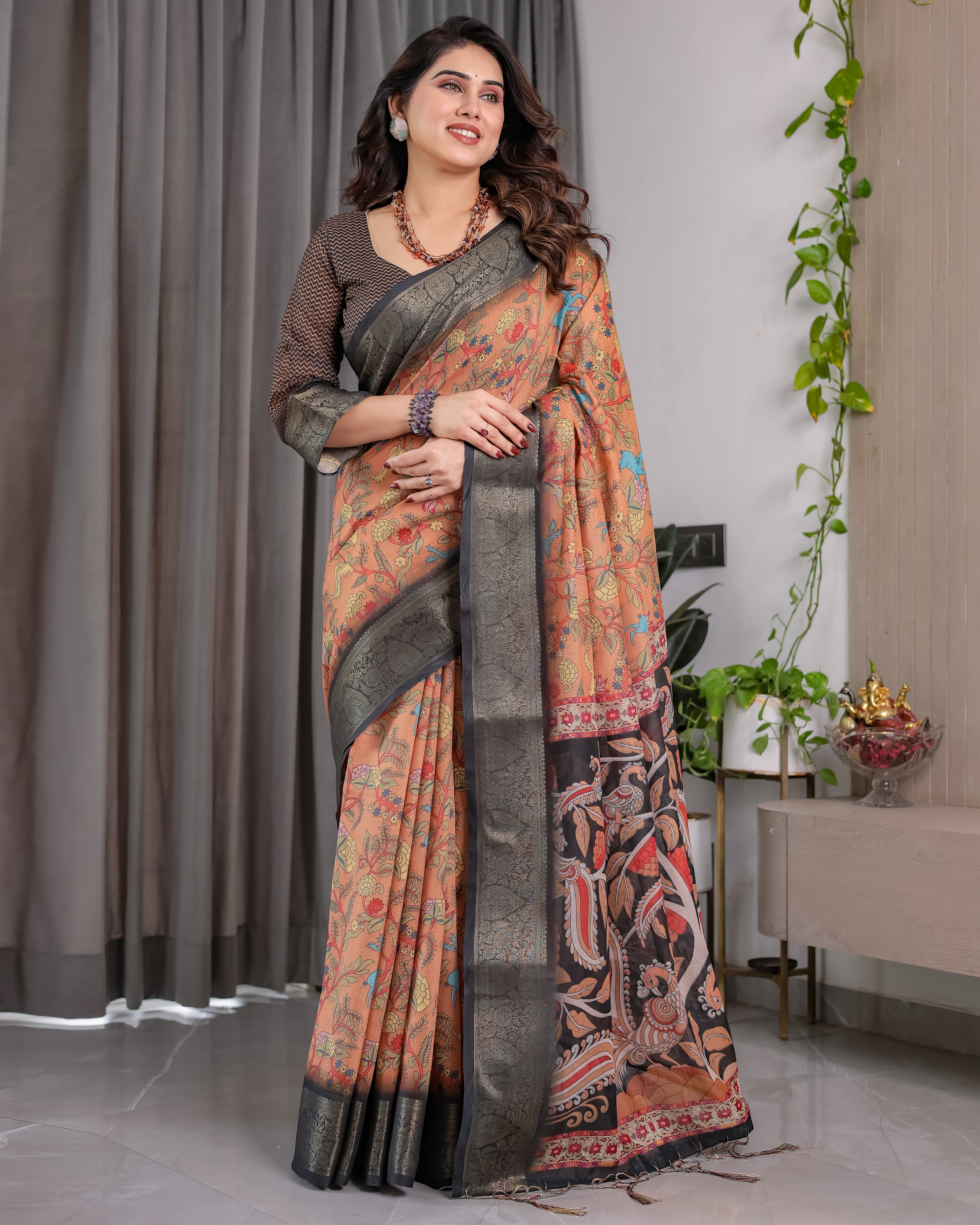 Fabrica Vibe Peach Floral Heritage Printed Linen Blend Saree with Charcoal Black Woven Border