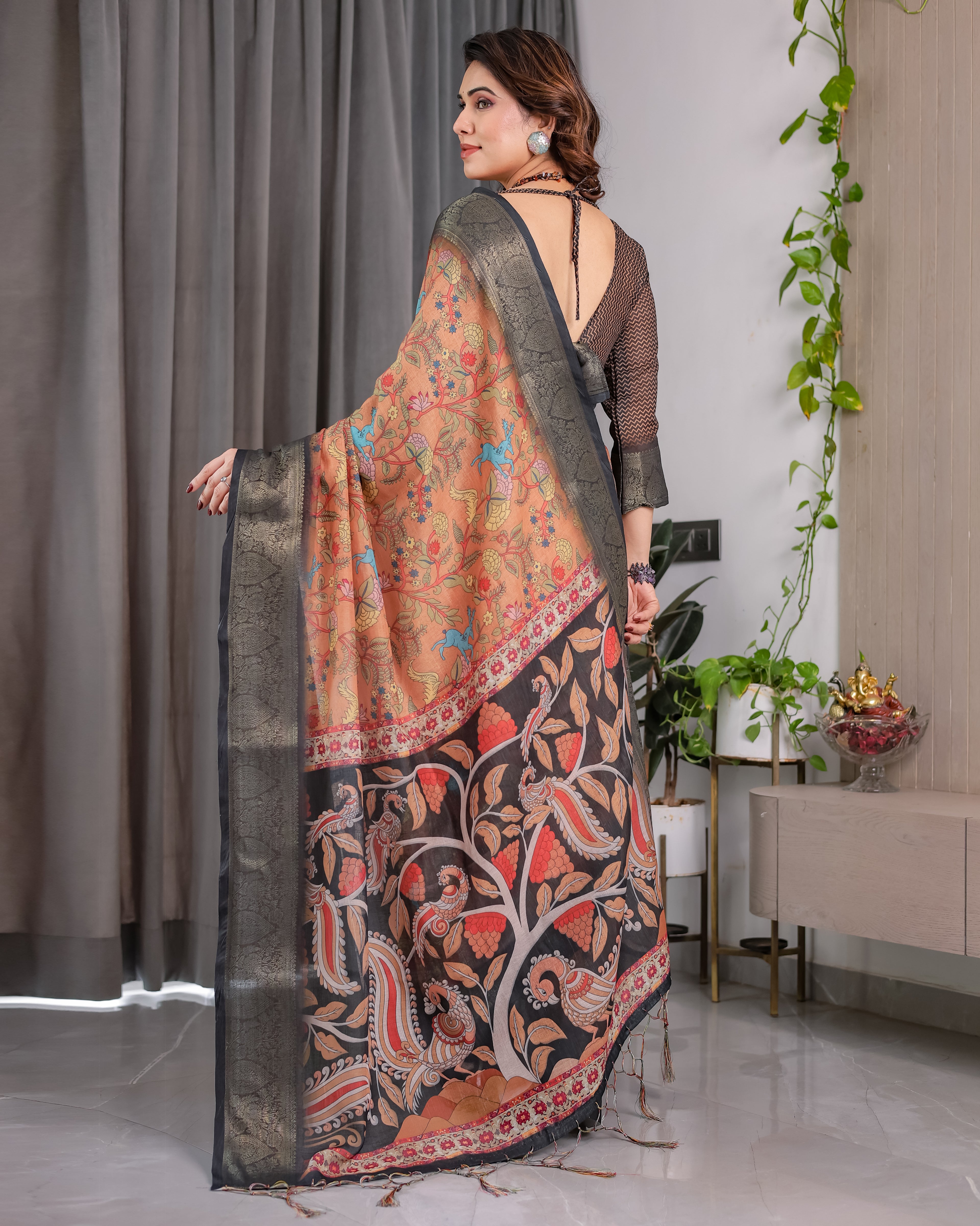 Fabrica Vibe Peach Floral Heritage Printed Linen Blend Saree with Charcoal Black Woven Border