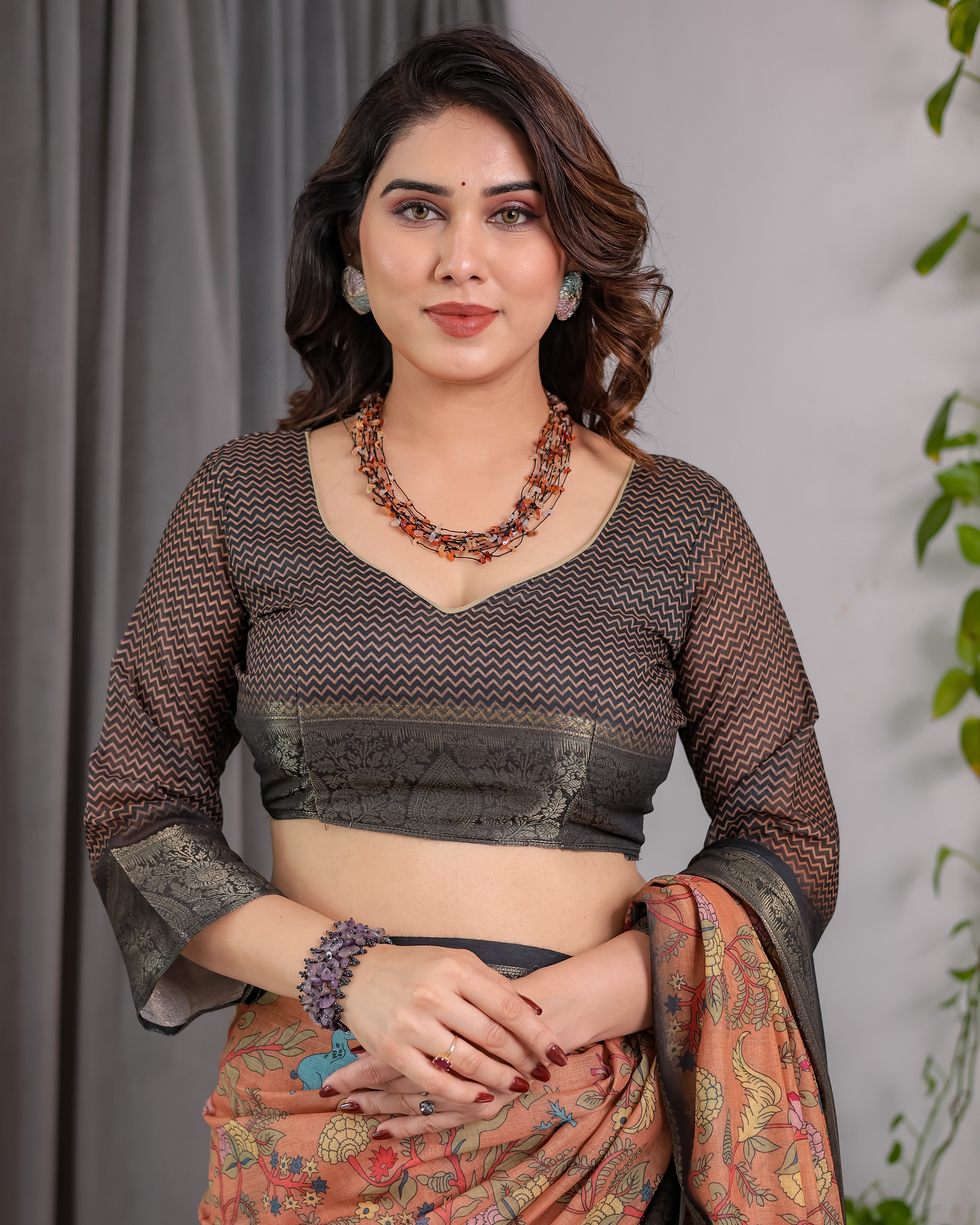 Fabrica Vibe Peach Floral Heritage Printed Linen Blend Saree with Charcoal Black Woven Border
