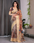 Fabrica Vibe Cream Peacock Heritage Printed Linen Blend Saree with Elegant Beige Woven Border
