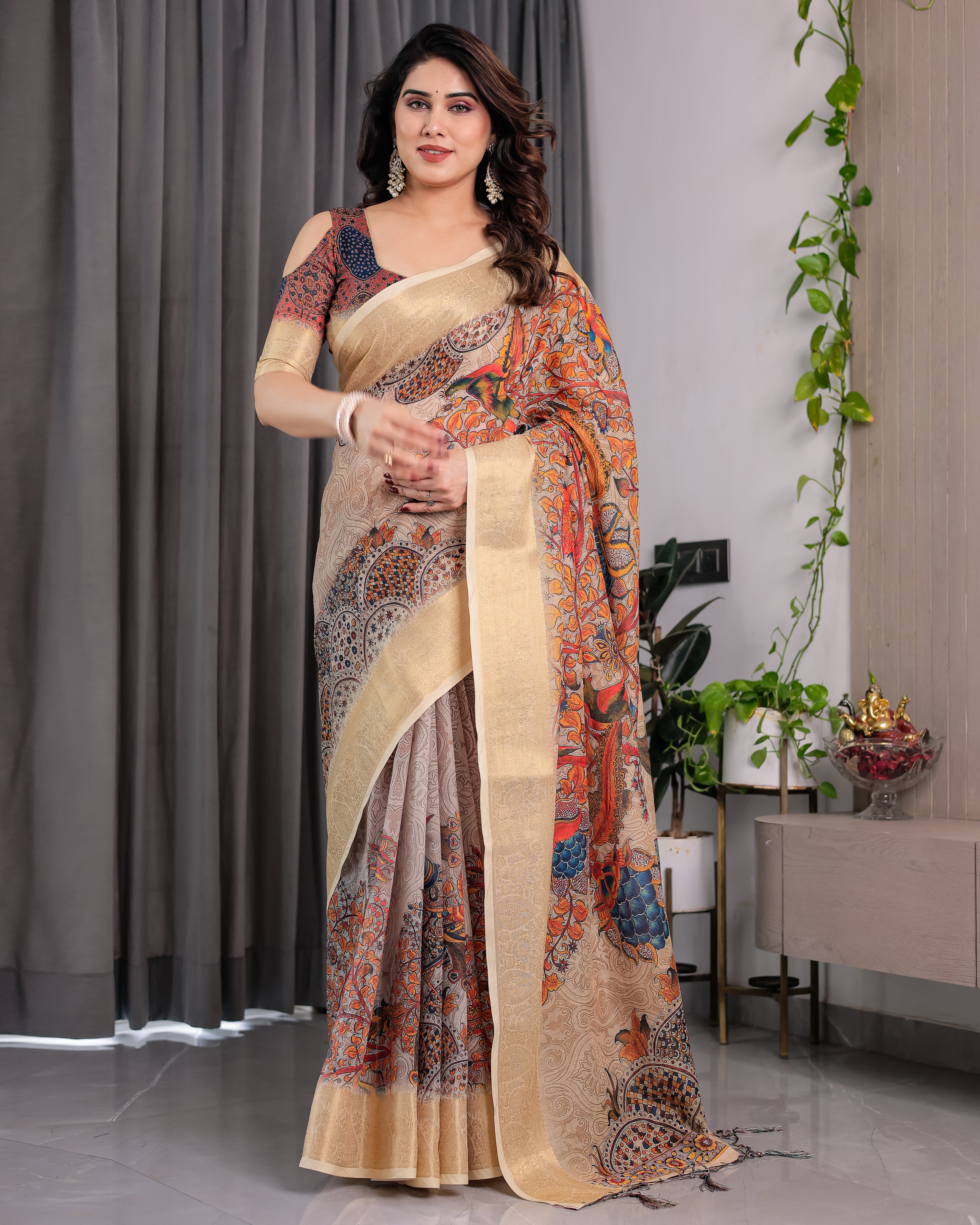Fabrica Vibe Cream Peacock Heritage Printed Linen Blend Saree with Elegant Beige Woven Border