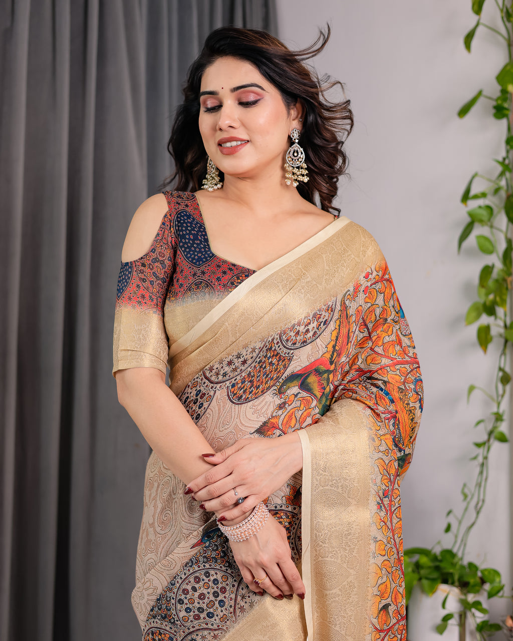 Fabrica Vibe Cream Peacock Heritage Printed Linen Blend Saree with Elegant Beige Woven Border