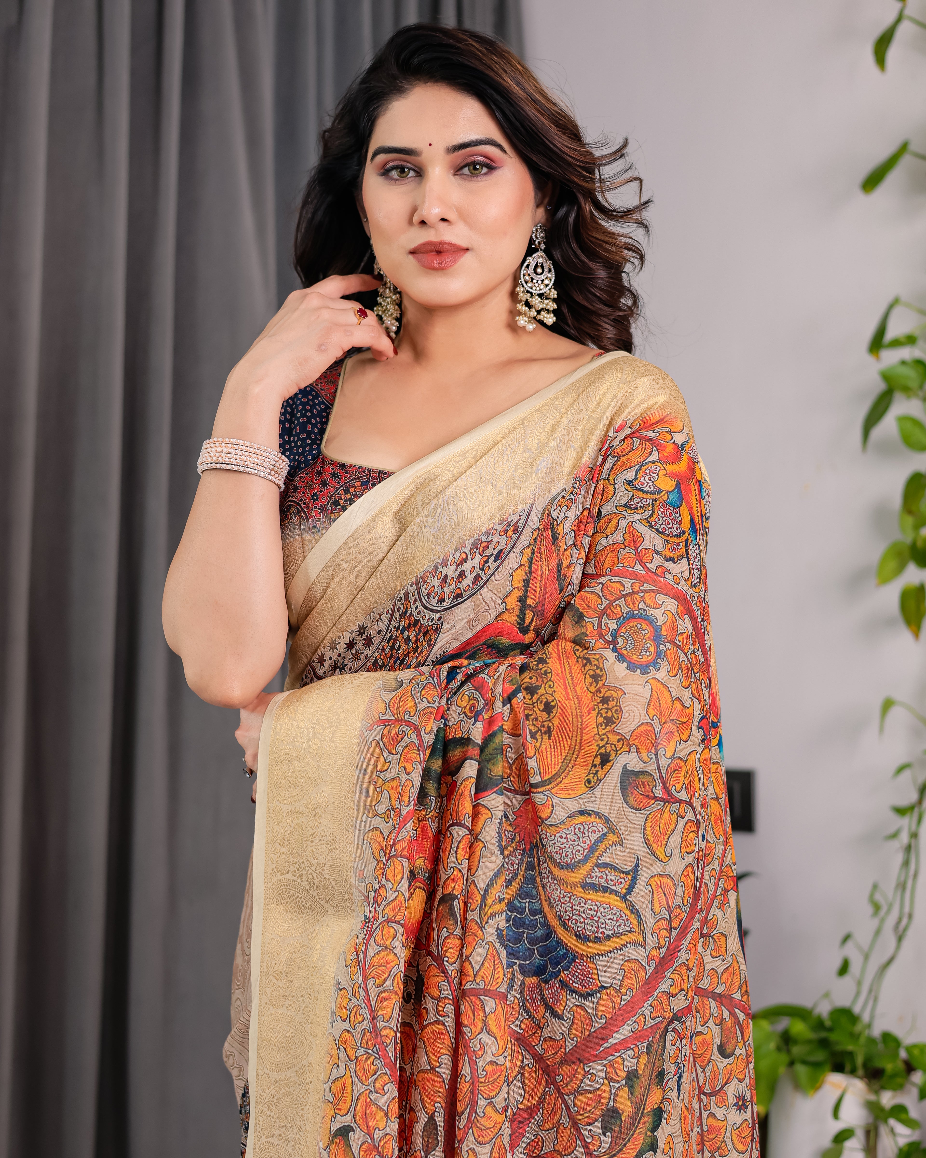 Fabrica Vibe Cream Peacock Heritage Printed Linen Blend Saree with Elegant Beige Woven Border