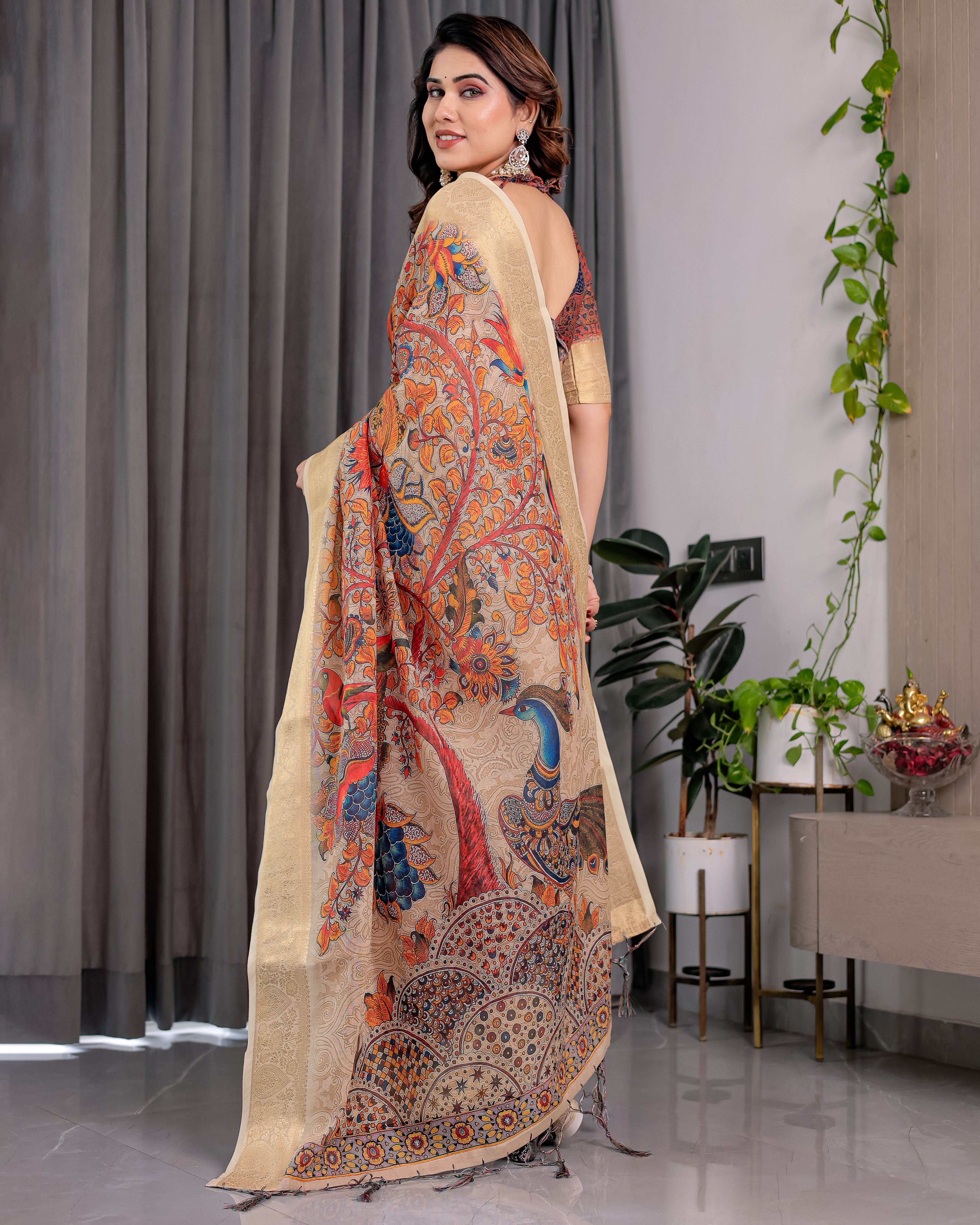 Fabrica Vibe Cream Peacock Heritage Printed Linen Blend Saree with Elegant Beige Woven Border