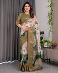 Fabrica Vibe Olive Green Floral Printed Linen Blend Saree with Rich Zari Border