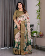 Fabrica Vibe Olive Green Floral Printed Linen Blend Saree with Rich Zari Border