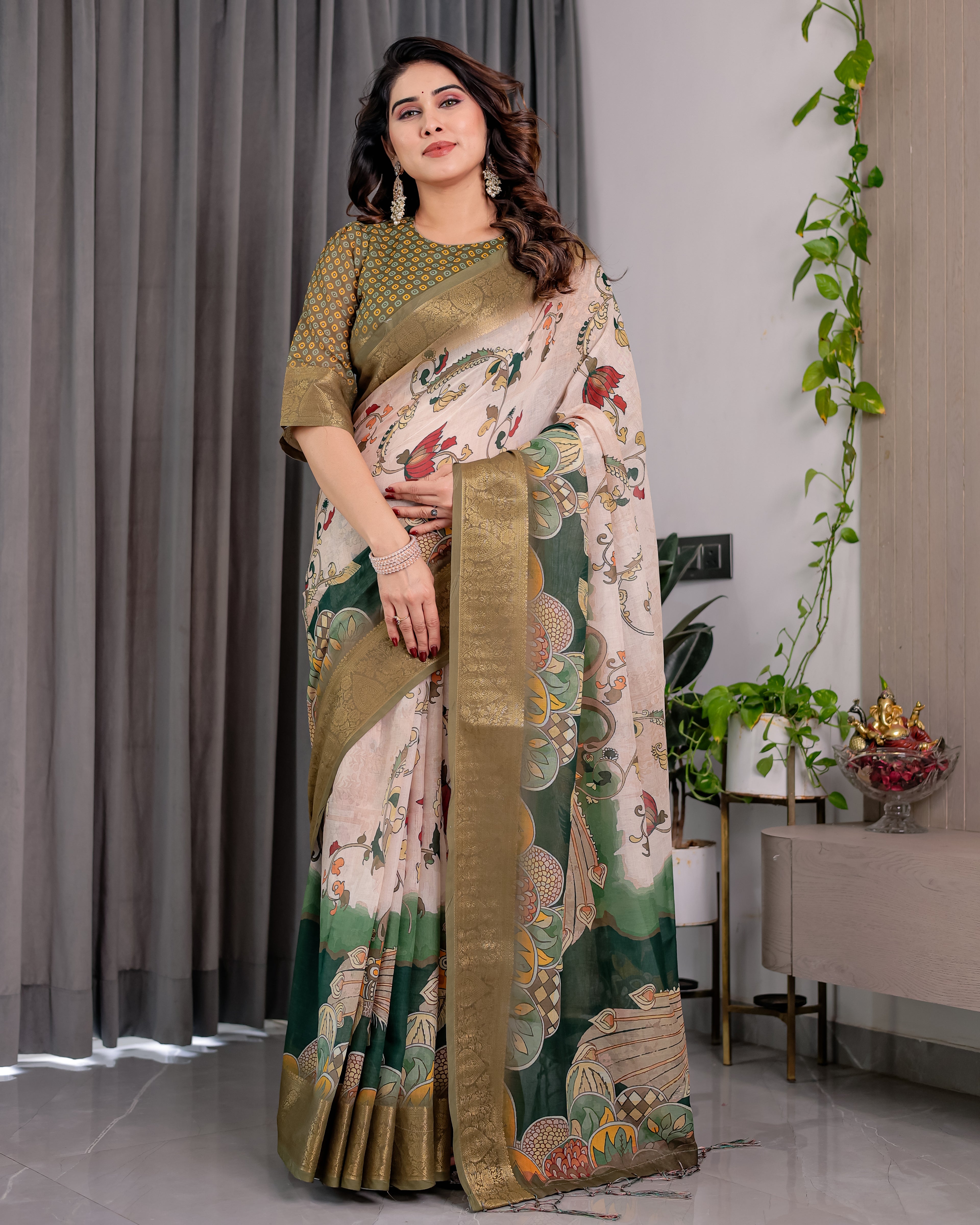 Fabrica Vibe Olive Green Floral Printed Linen Blend Saree with Rich Zari Border
