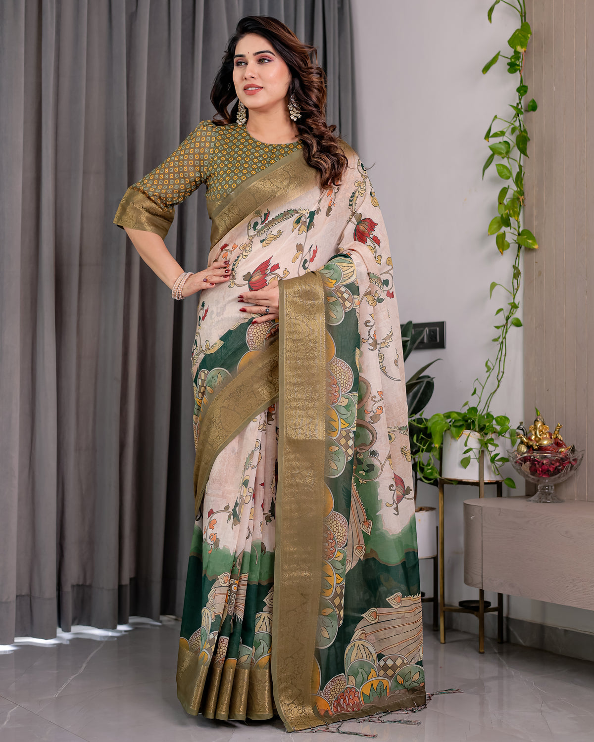 Fabrica Vibe Olive Green & Ivory Linen Handloom Printed Saree with Gold Border