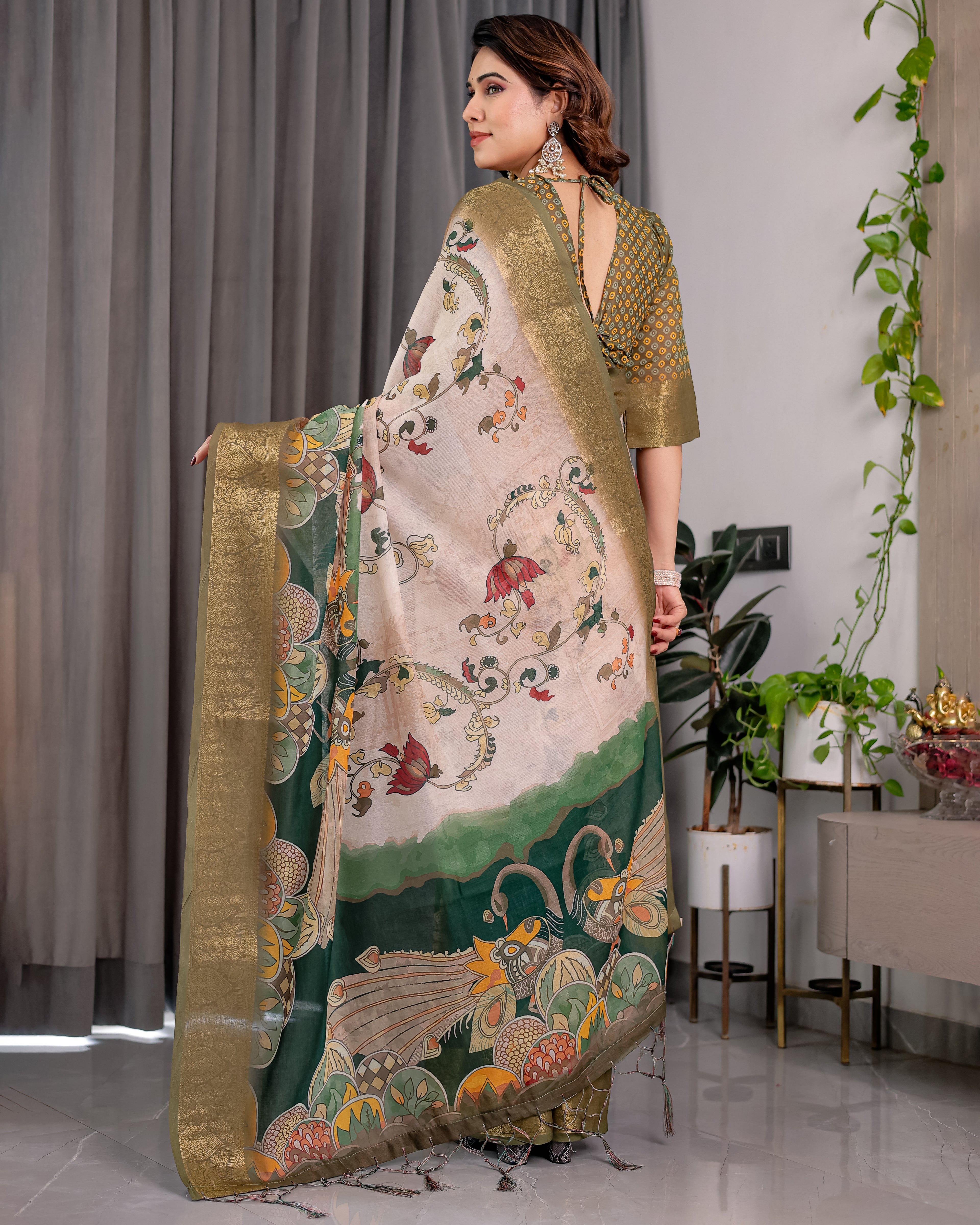 Fabrica Vibe Olive Green Floral Printed Linen Blend Saree with Rich Zari Border