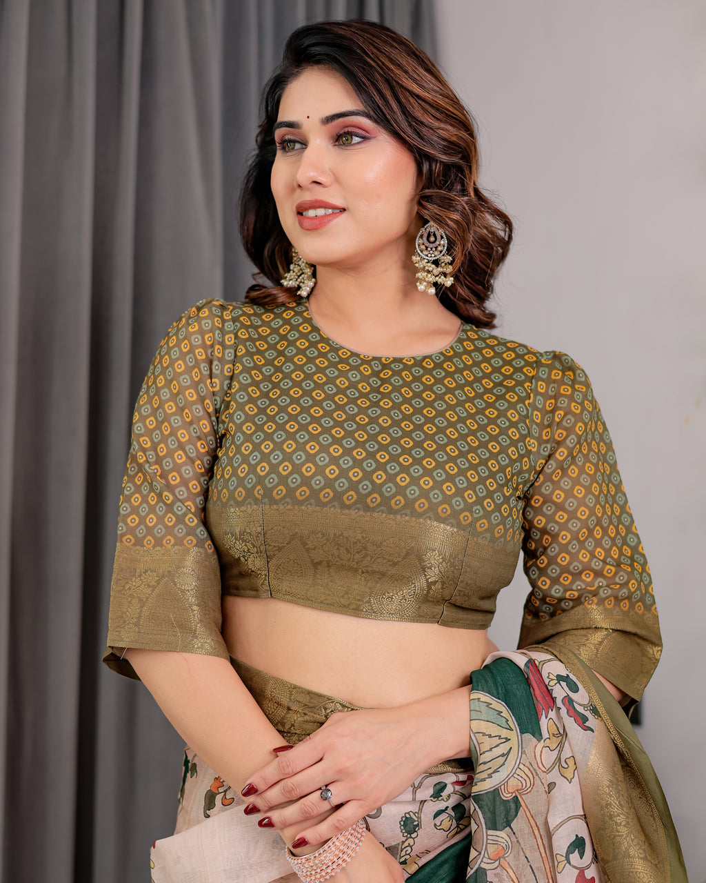 Fabrica Vibe Olive Green Floral Printed Linen Blend Saree with Rich Zari Border