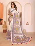 Fabrica Vibe Durga Puja White and red Handwoven Soft Linen Saree with Unstitched Blouse