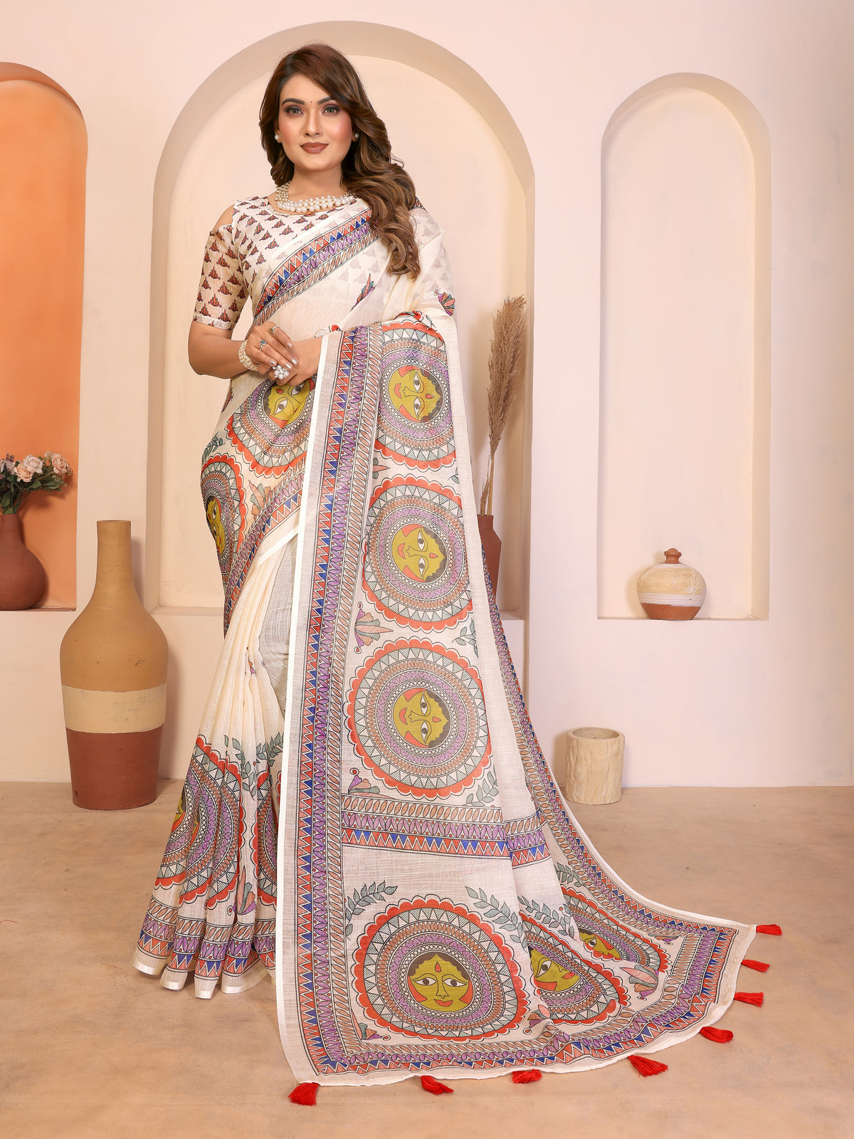 Fabrica Vibe Durga Puja White and red Handwoven Soft Linen Saree with Unstitched Blouse