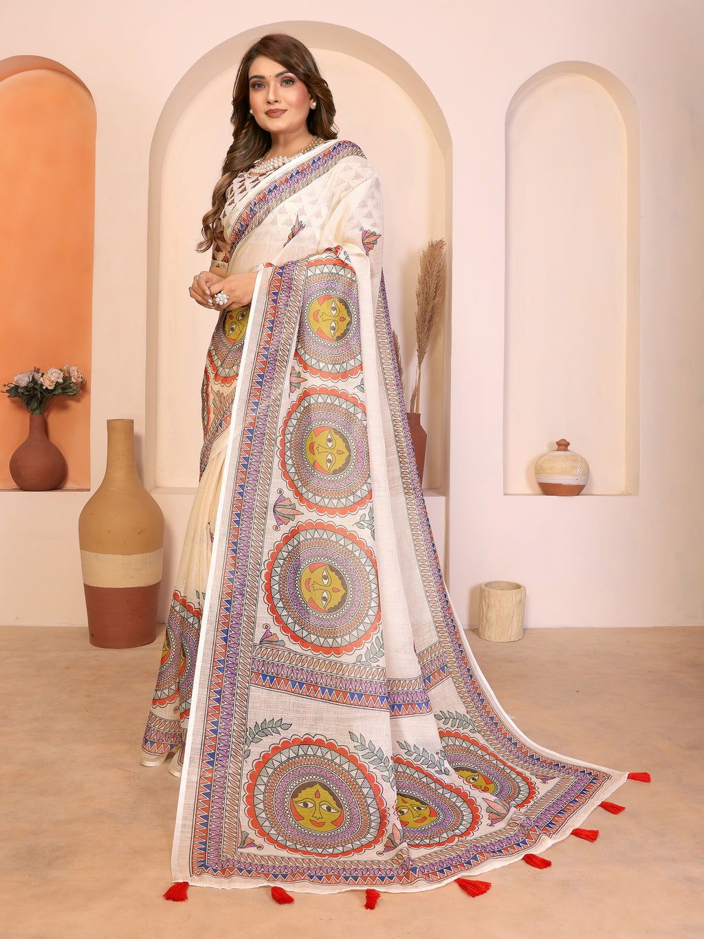 Fabrica Vibe Durga Puja White and red Handwoven Soft Linen Saree with Unstitched Blouse