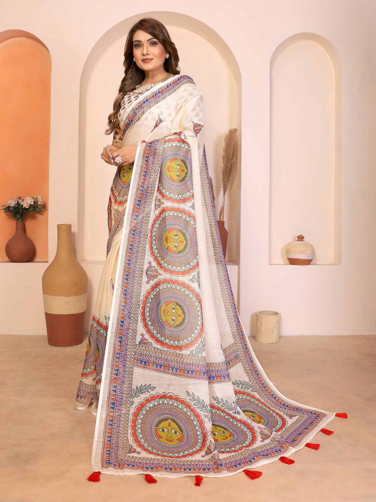 Fabrica Vibe Durga Puja White and red Handwoven Soft Linen Saree with Unstitched Blouse