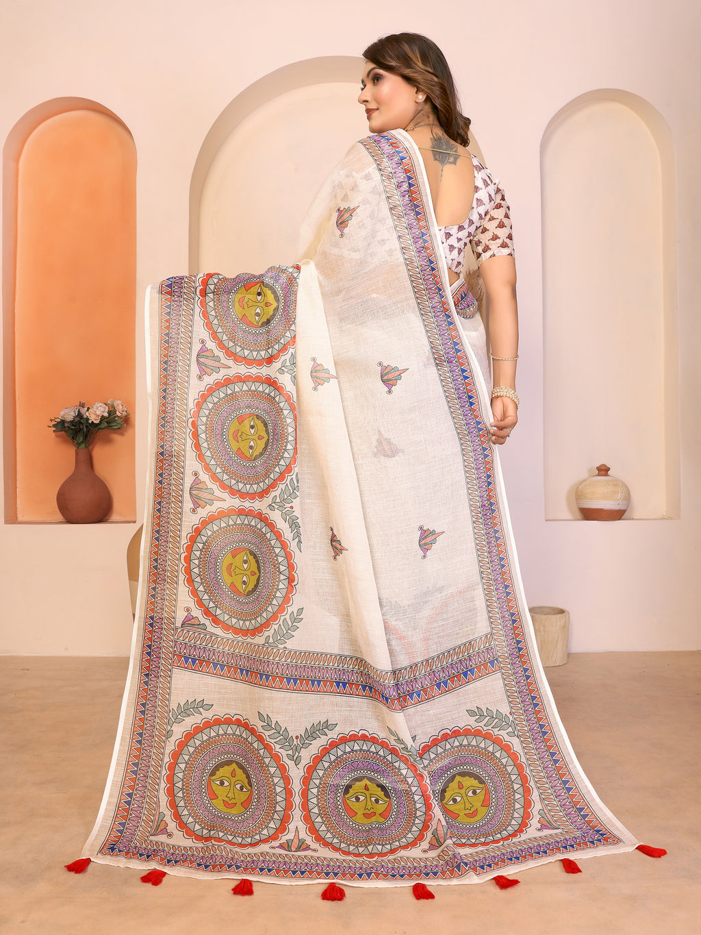 Fabrica Vibe Durga Puja White and red Handwoven Soft Linen Saree with Unstitched Blouse
