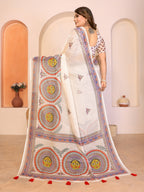 Fabrica Vibe Durga Puja White and red Handwoven Soft Linen Saree with Unstitched Blouse
