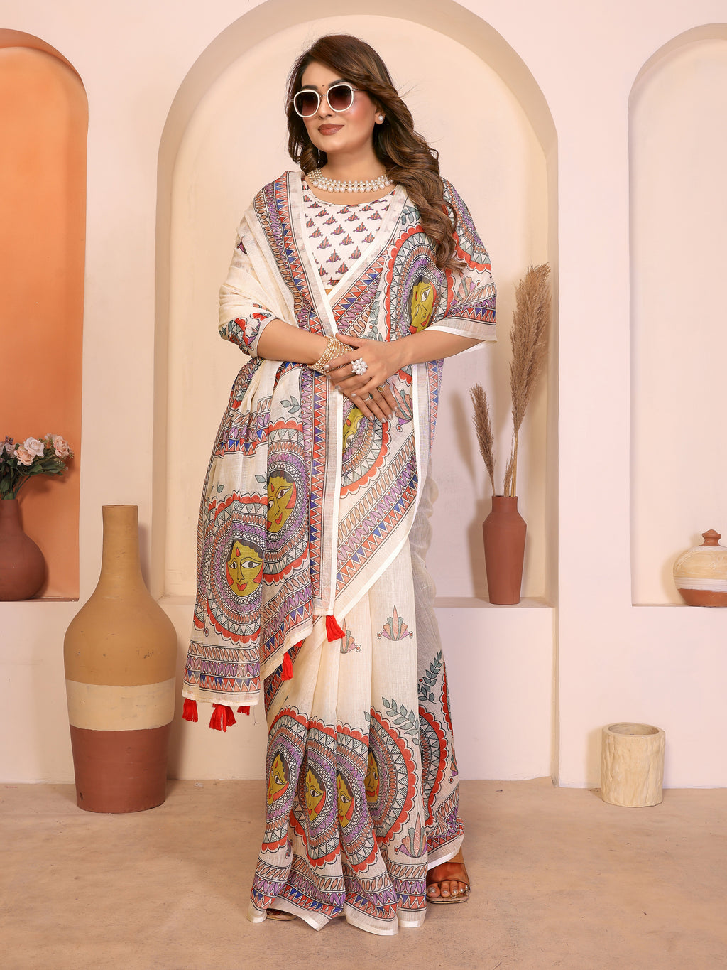 Fabrica Vibe Durga Puja White and red Handwoven Soft Linen Saree with Unstitched Blouse