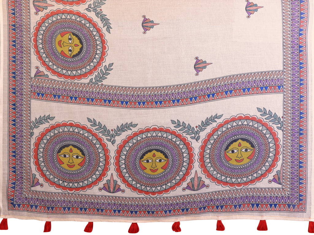Fabrica Vibe Durga Puja White and red Handwoven Soft Linen Saree with Unstitched Blouse