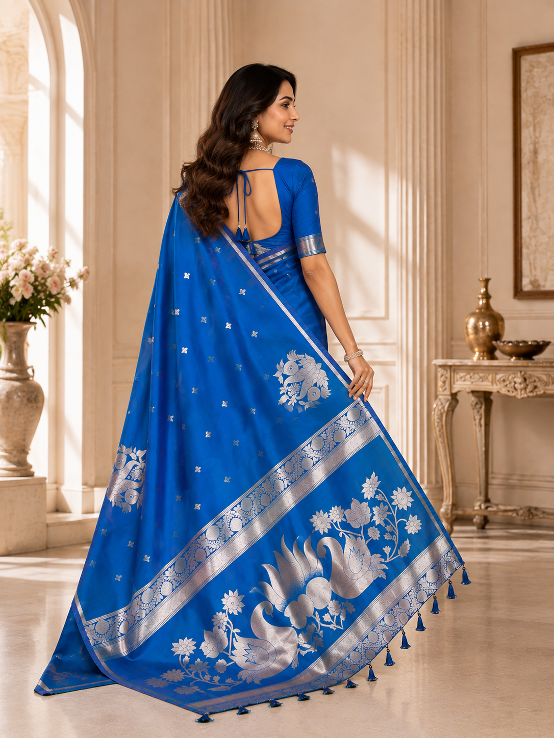 Fabrica Vibe Royal Blue Banarasi Woven Saree with Silver Zari Swan & Lotus Motifs