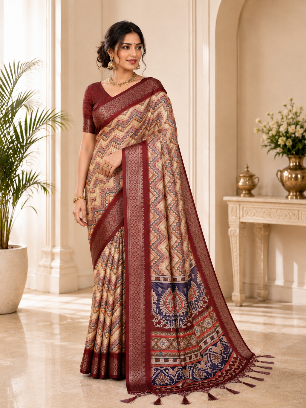 Fabrica Vibe Women's Premium Handwoven Cotton Chevron Woven Saree with Designer Border & Unstitched Blouse | Maroon Multi Traditional Handloom