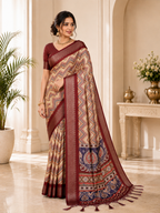 Fabrica Vibe Women's Premium Handwoven Cotton Chevron Woven Saree with Designer Border & Unstitched Blouse | Maroon Multi Traditional Handloom