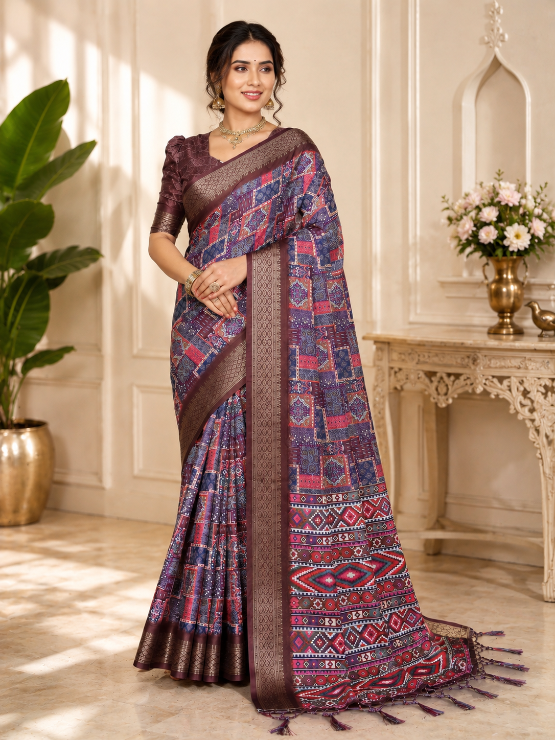 Fabrica Vibe Purple Floral Handwoven Cotton Saree with Unstitched Blouse Piece