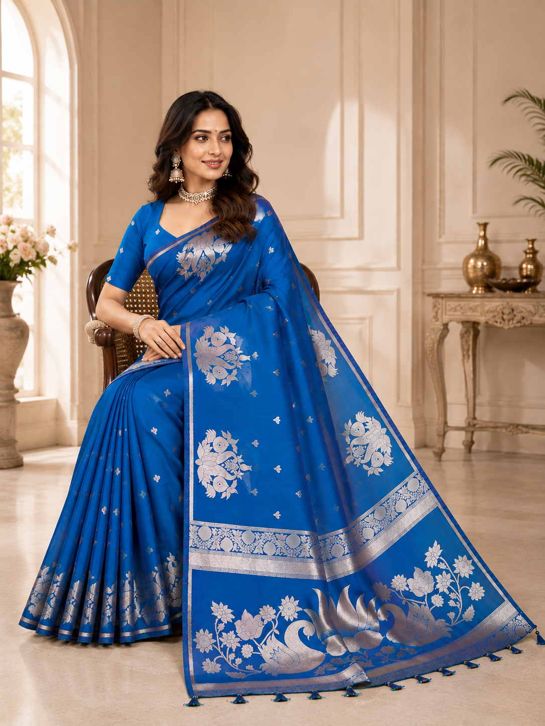 Fabrica Vibe Royal Blue Banarasi Woven Saree with Silver Zari Swan & Lotus Motifs