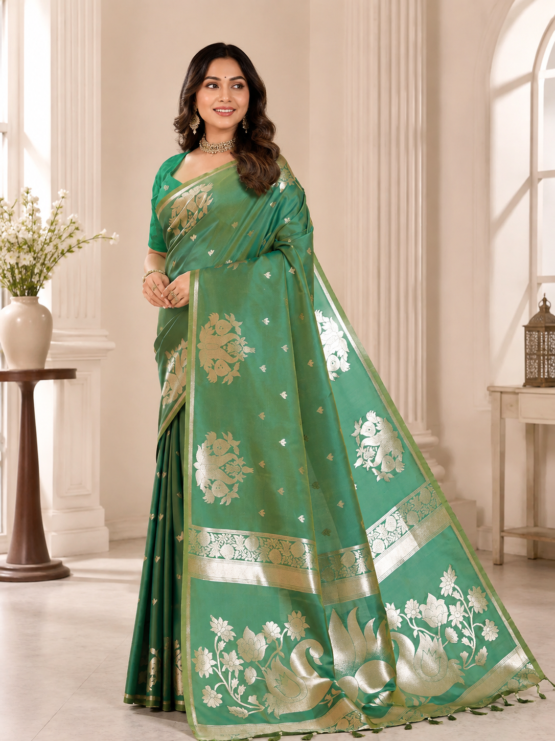 Fabrica Vibe Sea Green Banarasi Inspired Art Silk Saree with Gold Zari Floral & Swan Motifs