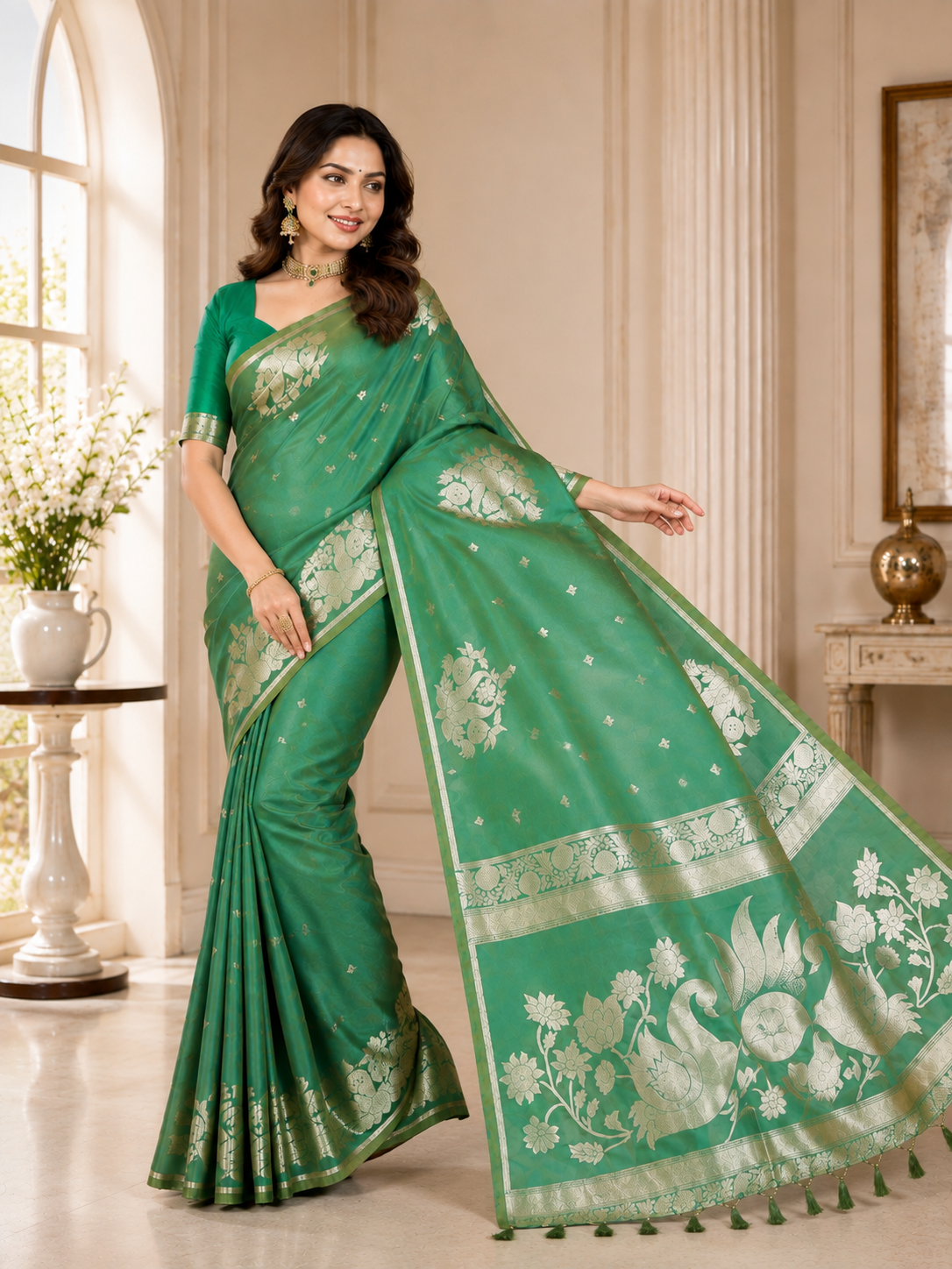 Fabrica Vibe Sea Green Banarasi Inspired Art Silk Saree with Gold Zari Floral & Swan Motifs