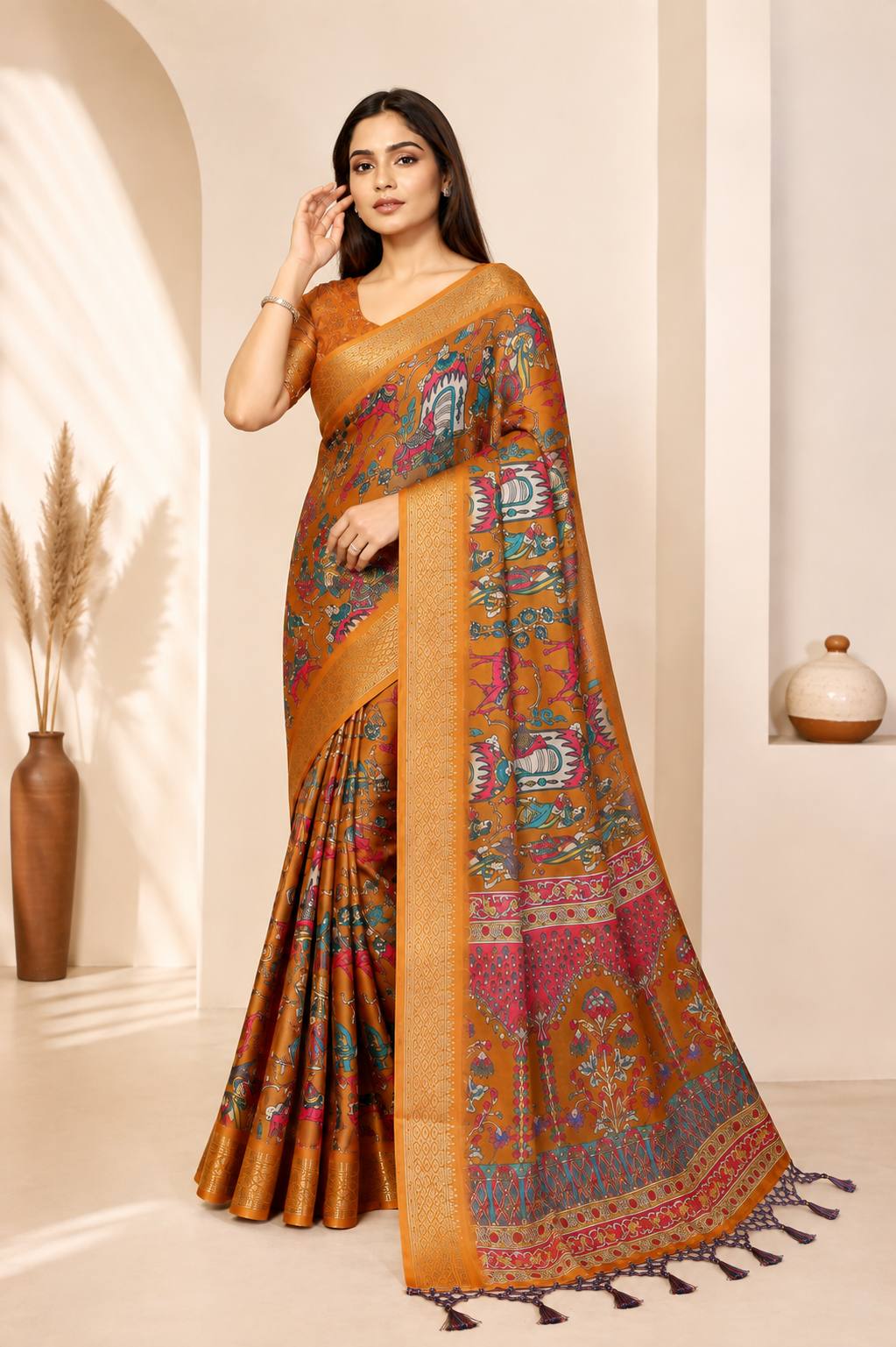 Fabrica Vibe Premium Cotton Silk Kalamkari Print Saree with Zari Woven Border