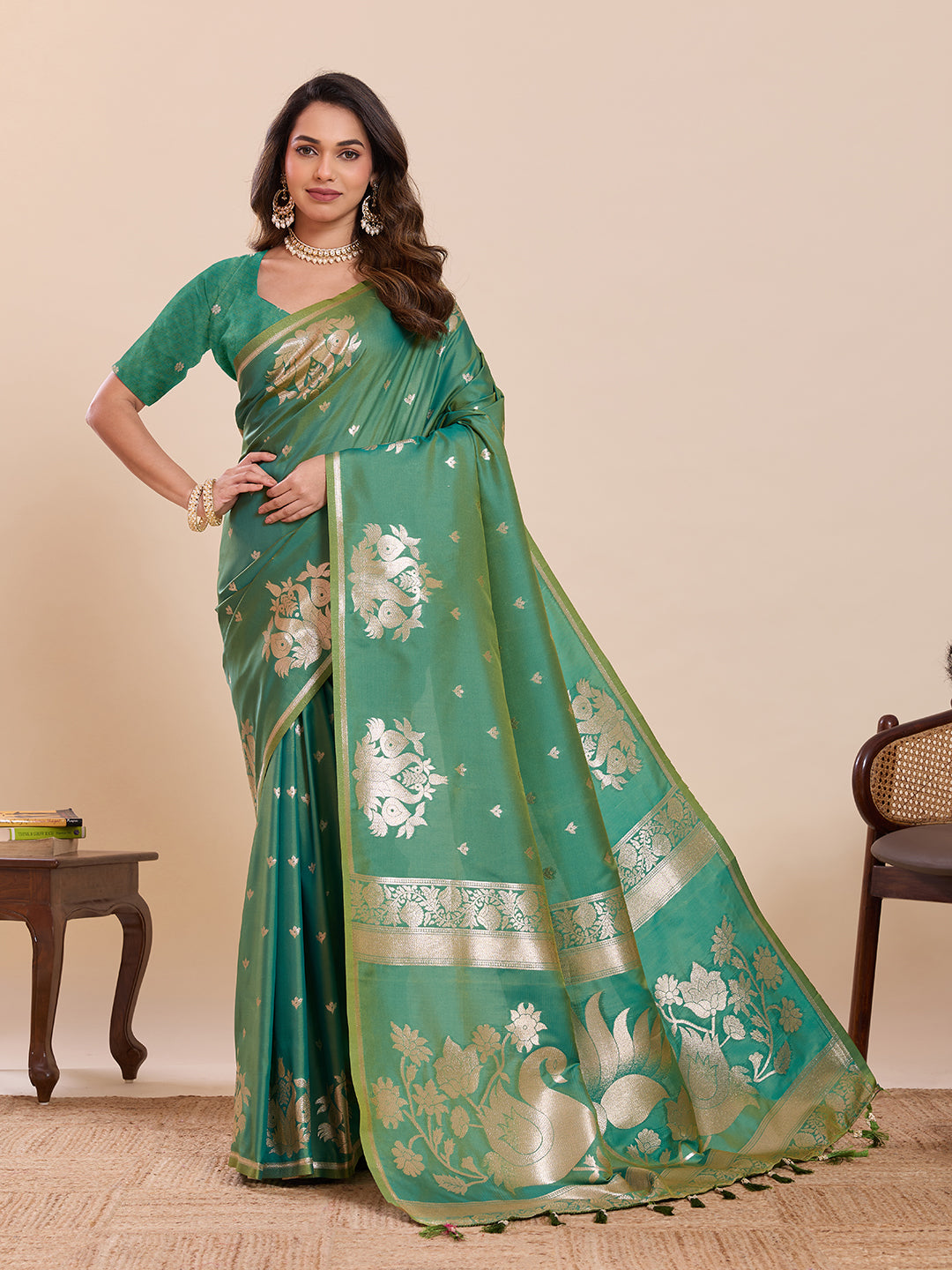 Fabrica Vibe Sea Green Banarasi Inspired Art Silk Saree with Gold Zari Floral & Swan Motifs