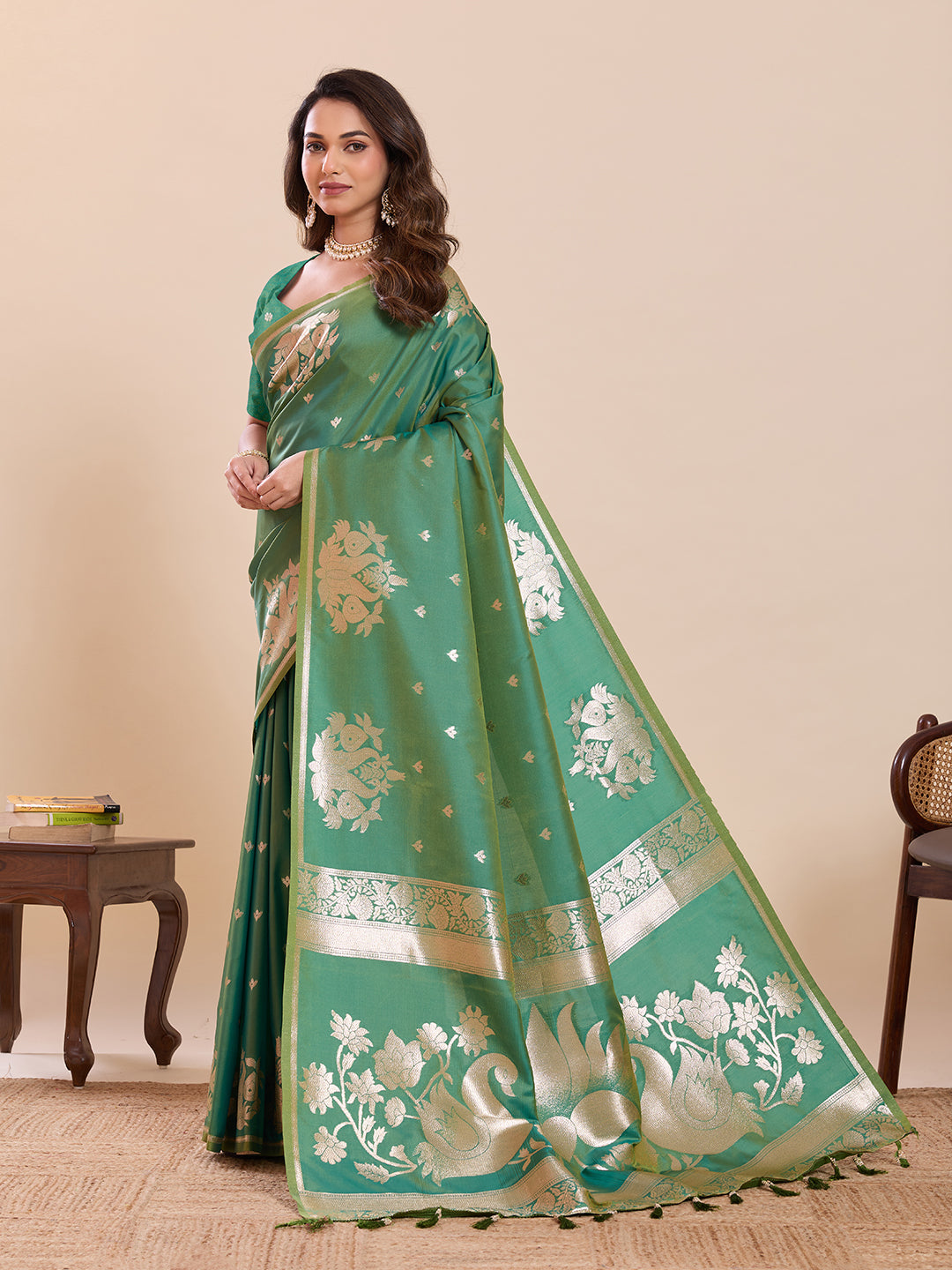 Fabrica Vibe Sea Green Banarasi Inspired Art Silk Saree with Gold Zari Floral & Swan Motifs