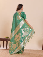 Fabrica Vibe Sea Green Banarasi Inspired Art Silk Saree with Gold Zari Floral & Swan Motifs