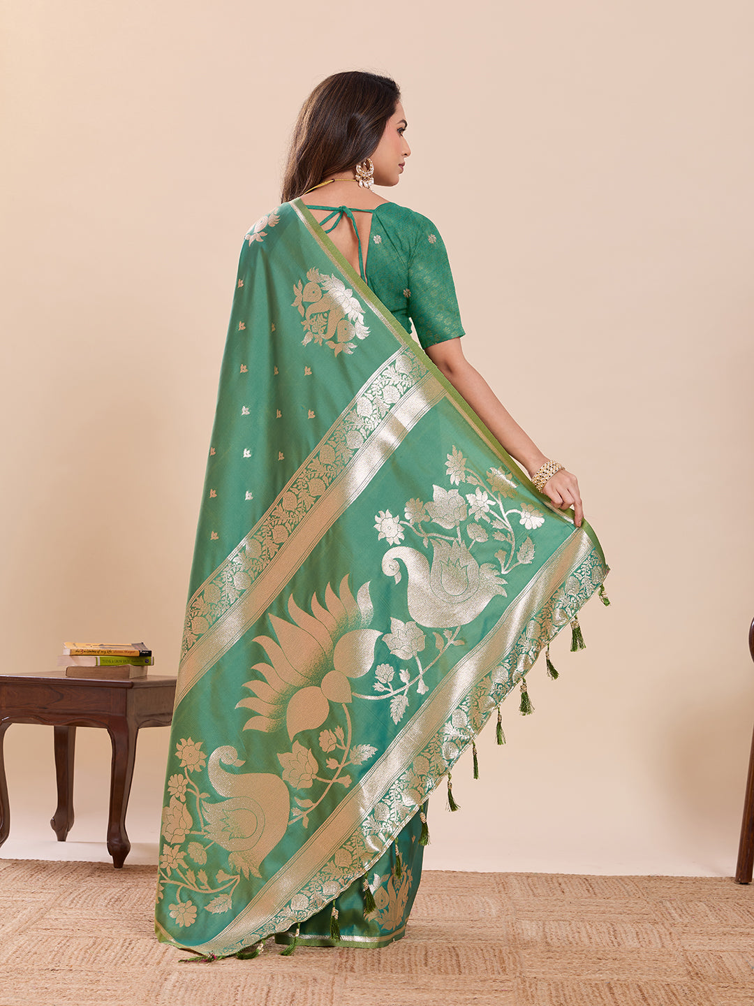 Fabrica Vibe Sea Green Banarasi Inspired Art Silk Saree with Gold Zari Floral & Swan Motifs