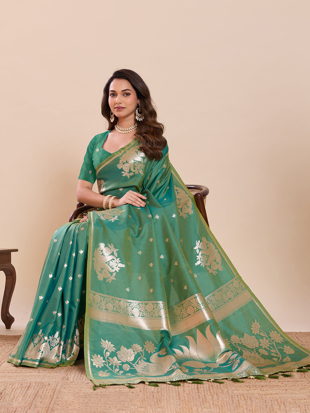 Fabrica Vibe Sea Green Banarasi Inspired Art Silk Saree with Gold Zari Floral & Swan Motifs