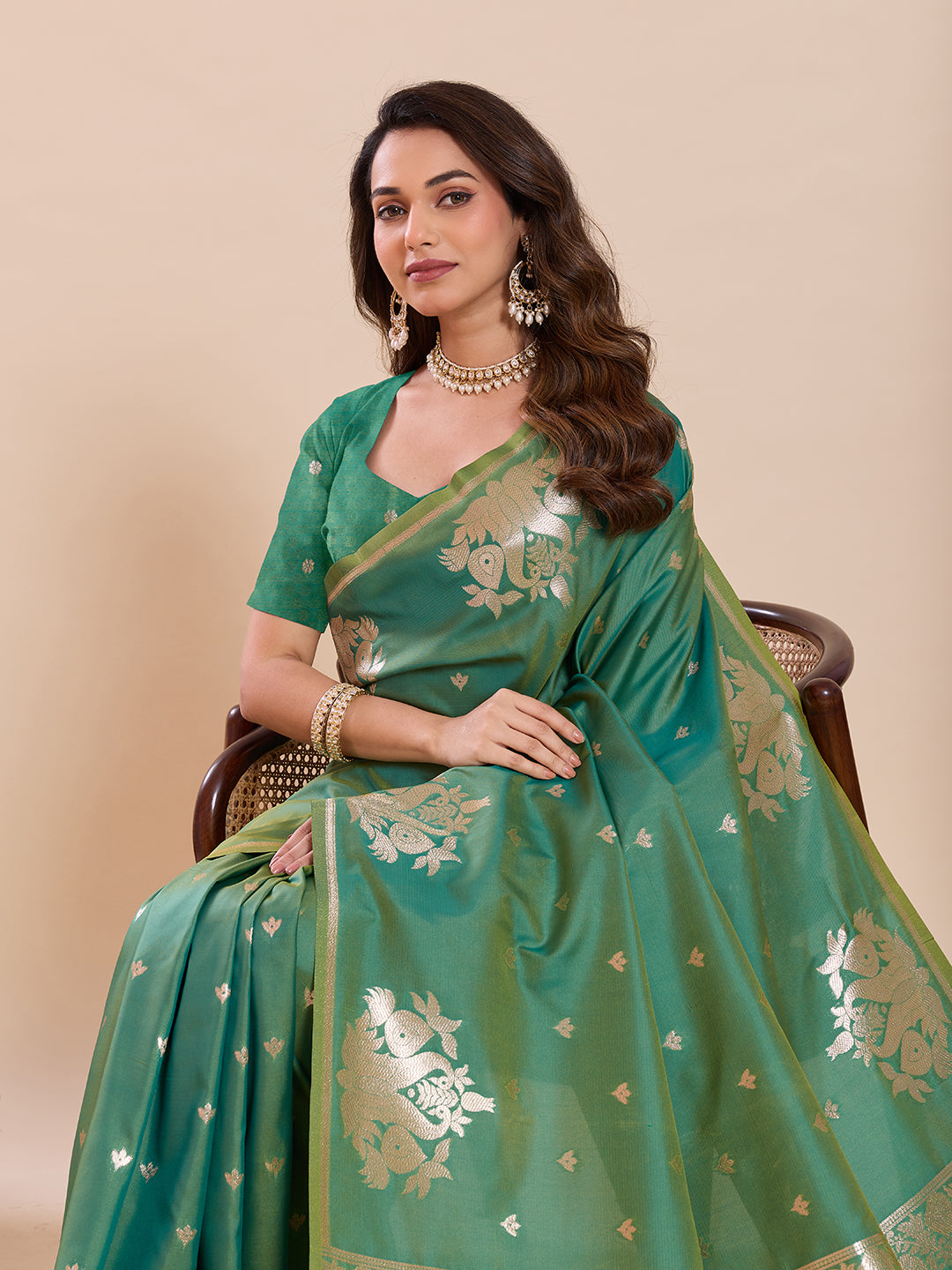 Fabrica Vibe Sea Green Banarasi Inspired Art Silk Saree with Gold Zari Floral & Swan Motifs