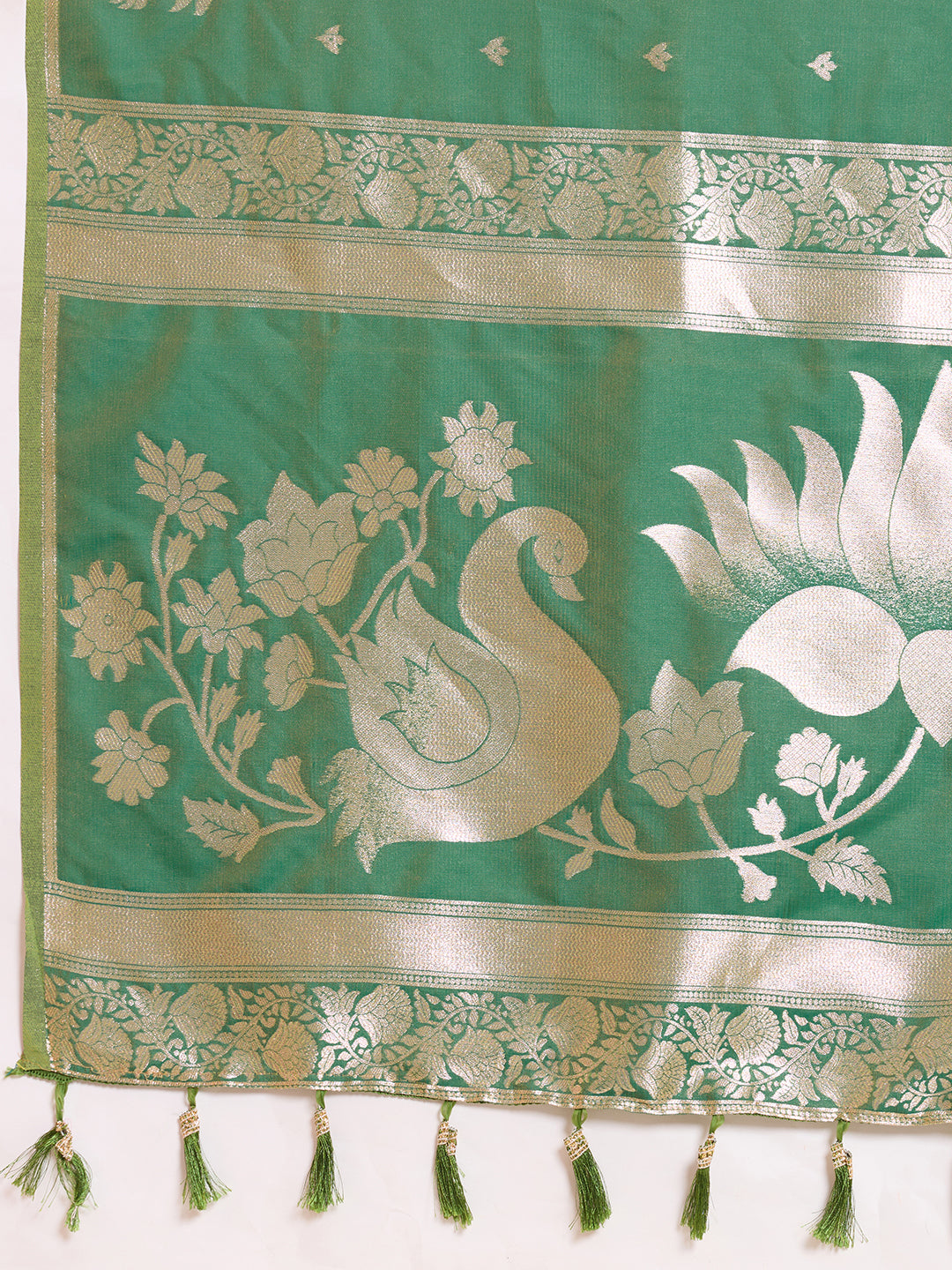 Fabrica Vibe Sea Green Banarasi Inspired Art Silk Saree with Gold Zari Floral & Swan Motifs