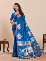 Fabrica Vibe Royal Blue Banarasi Woven Saree with Silver Zari Swan & Lotus Motifs