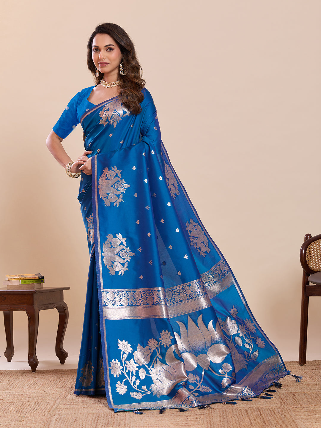 Fabrica Vibe Royal Blue Banarasi Woven Saree with Silver Zari Swan & Lotus Motifs