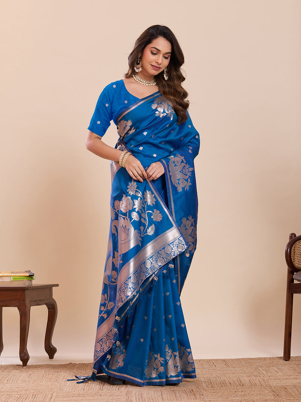 Fabrica Vibe Royal Blue Banarasi Woven Saree with Silver Zari Swan & Lotus Motifs