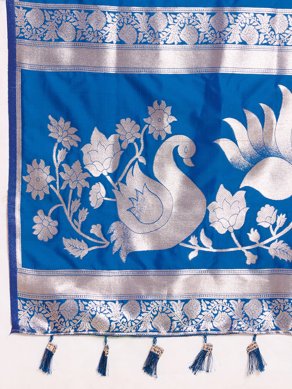 Fabrica Vibe Royal Blue Banarasi Woven Saree with Silver Zari Swan & Lotus Motifs